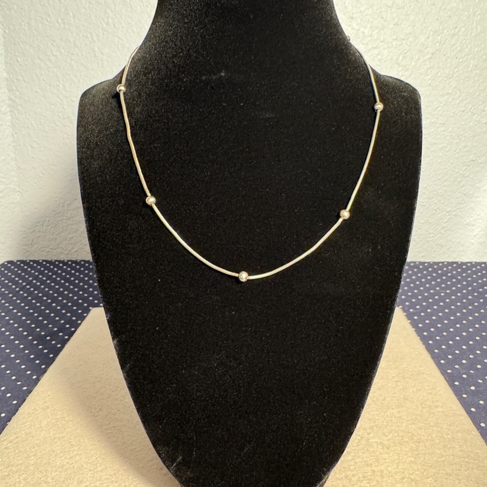 925 Italy Sterling Silver Bead Station Necklace 16” Minimalist Classic